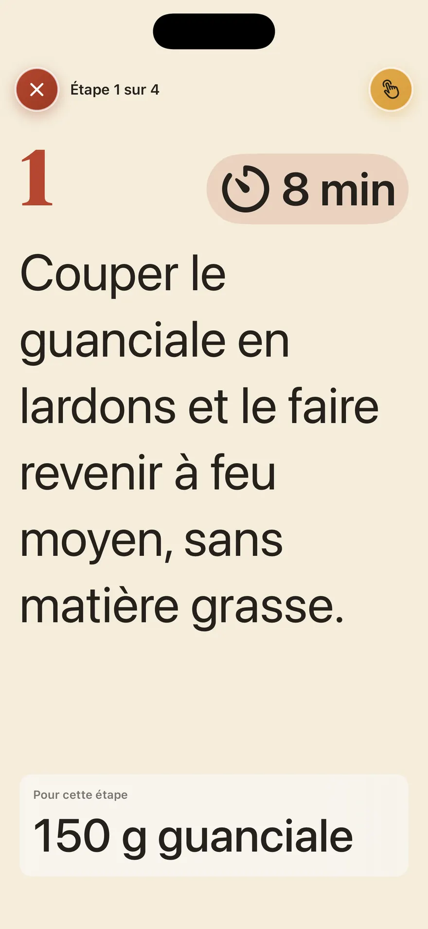 Le mode cuisson de Cuisinier En Chef : une seule étape à l'écran, en très grand, avec son minuteur de 8 minutes.