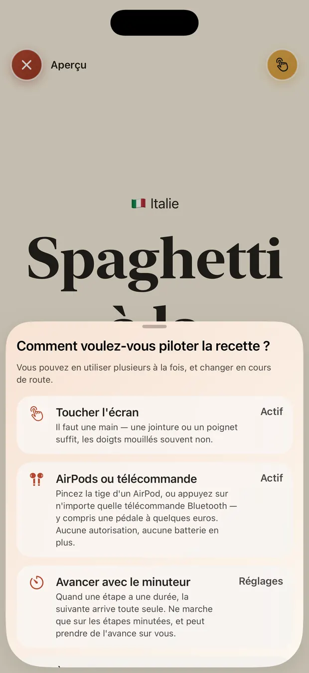 Le choix des modes de pilotage : toucher l'écran, AirPods ou télécommande, minuteur.