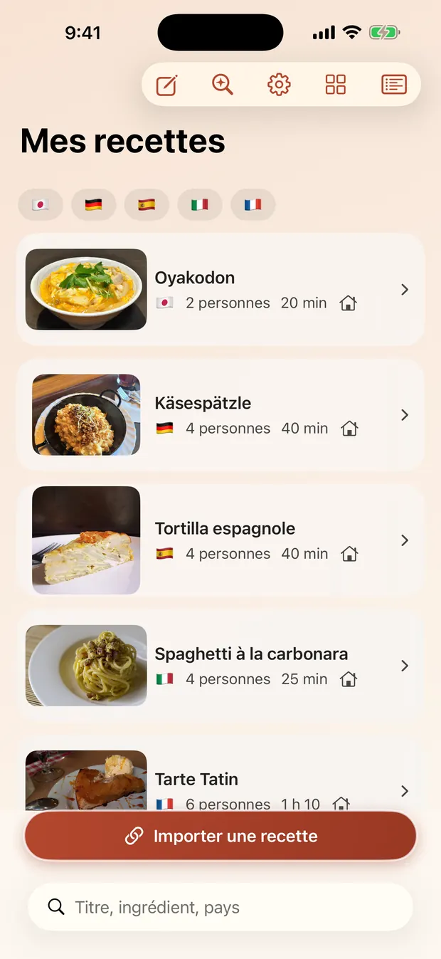 La bibliothèque de recettes, avec le drapeau du pays d'origine sur chaque plat.